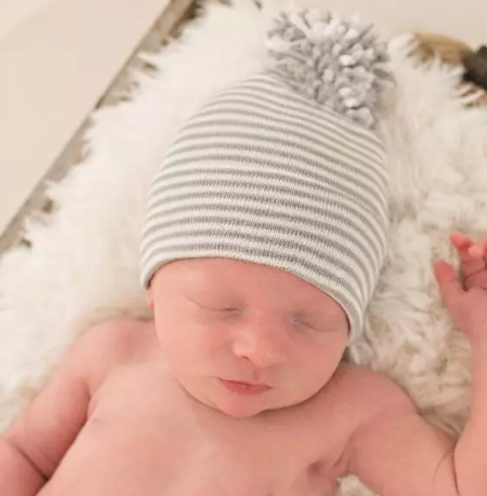 Newborn Hat - Grey Stripe Pom